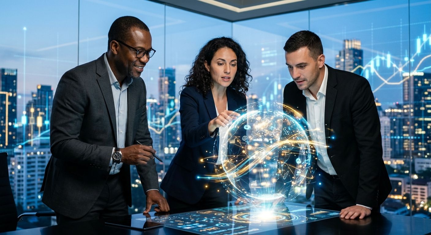 Business professionals analyzing holographic global markets with digital investment overlays at dusk