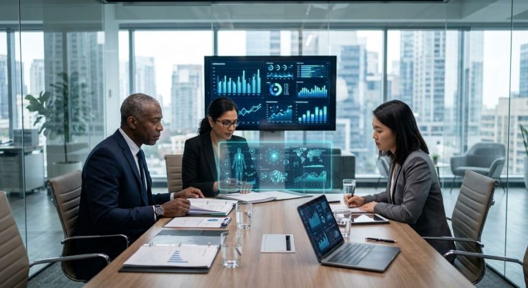 Three diverse healthcare M&A professionals reviewing deal documents and digital charts in a modern glass-walled conference room