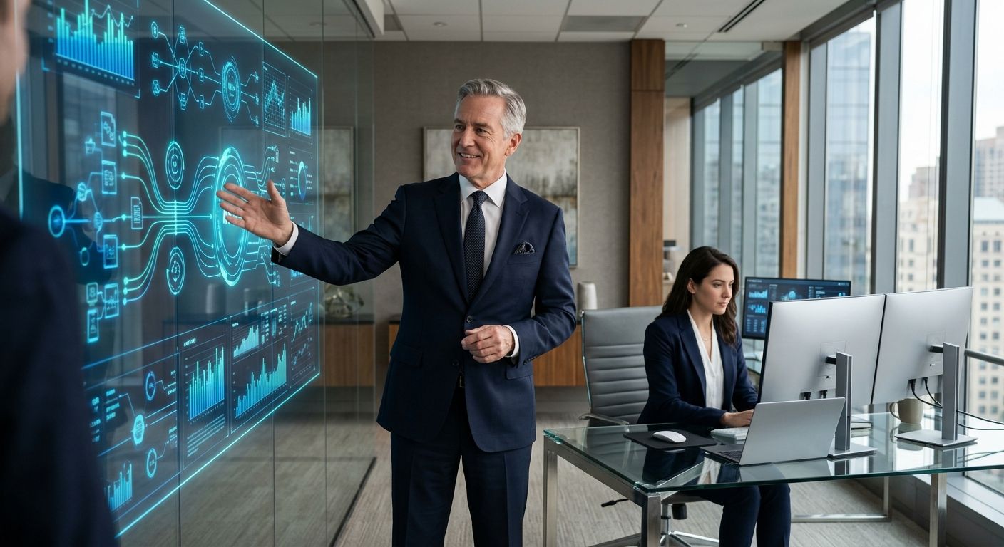 A modern financial advisory office with a senior advisor gesturing toward a large digital dashboard displaying holographic M&A deal flow visuals, illuminated by soft natural window light.