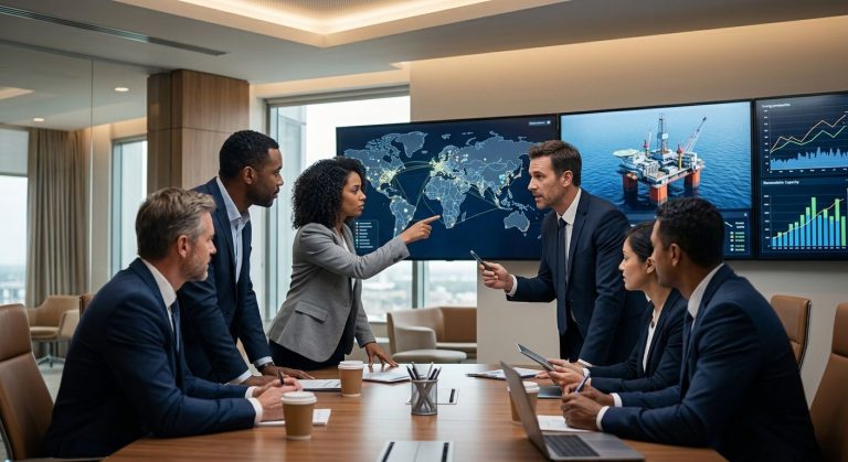 Modern conference room with diverse energy M&A advisors reviewing digital dashboards and discussing transaction metrics.