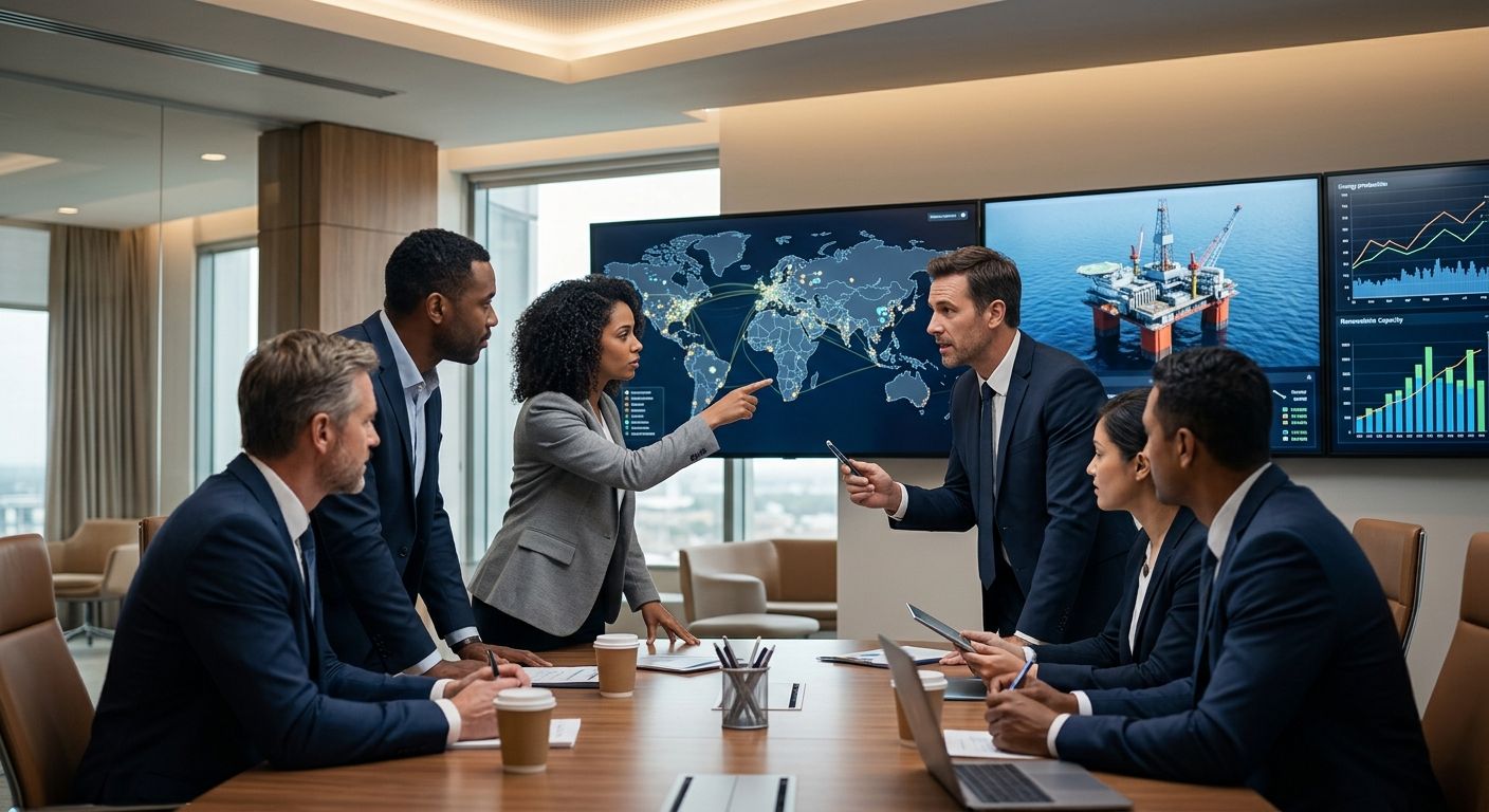 Modern conference room with diverse energy M&A advisors reviewing digital dashboards and discussing transaction metrics.