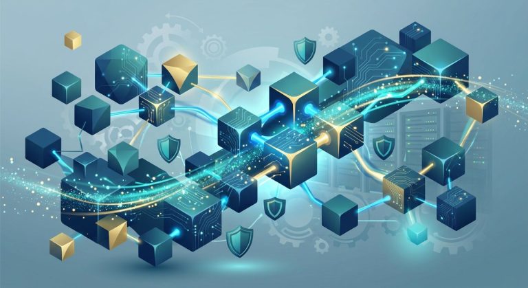 Sleek modern illustration of interconnected digital nodes merging, with AI circuit patterns, cybersecurity shield icons, and a glowing data stream against a background of gears and a secure server room in deep blue, teal, and gold tones.