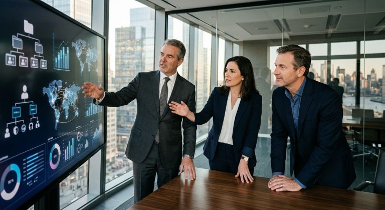 Two advisors and a client in a modern boardroom reviewing M&A data on a large digital screen with a city skyline through floor-to-ceiling windows.