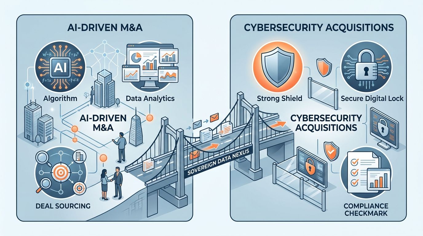 Infographic showing AI-driven M&A on left and cybersecurity acquisitions on right connected by Sovereign Data Nexus bridge