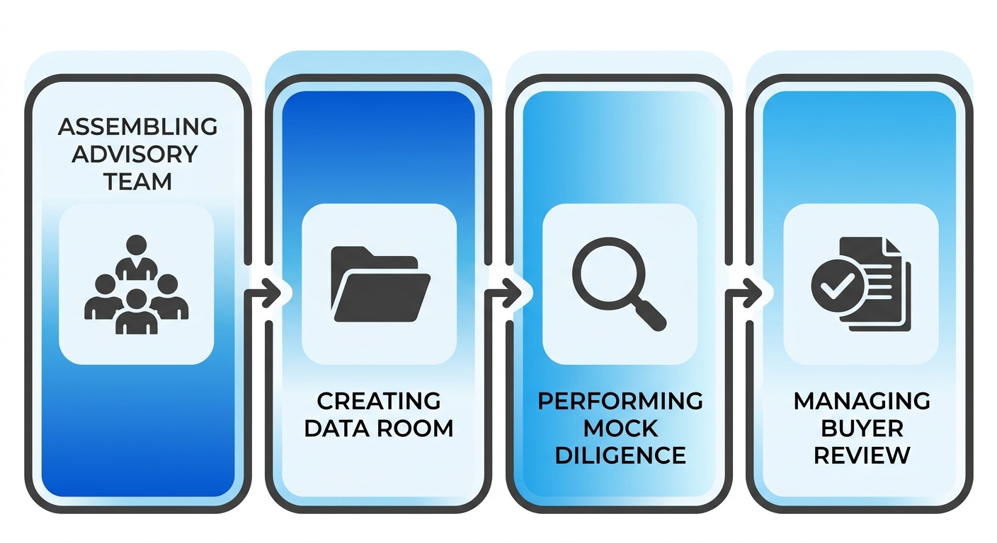 Sell-side due diligence process flow diagram showing four stages: Assembling Advisory Team, Creating Data Room, Performing Mock Diligence, Managing Buyer Review