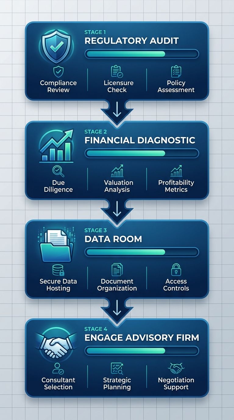 Vertical process flow showing four stages for healthcare merger preparation: regulatory audit, financial diagnostic, data room setup, and engaging advisory firm.