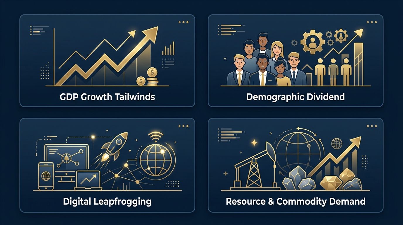 Infographic of four drivers of M&A activity in emerging markets: GDP Growth Tailwinds, Demographic Dividend, Digital Leapfrogging, and Resource & Commodity Demand