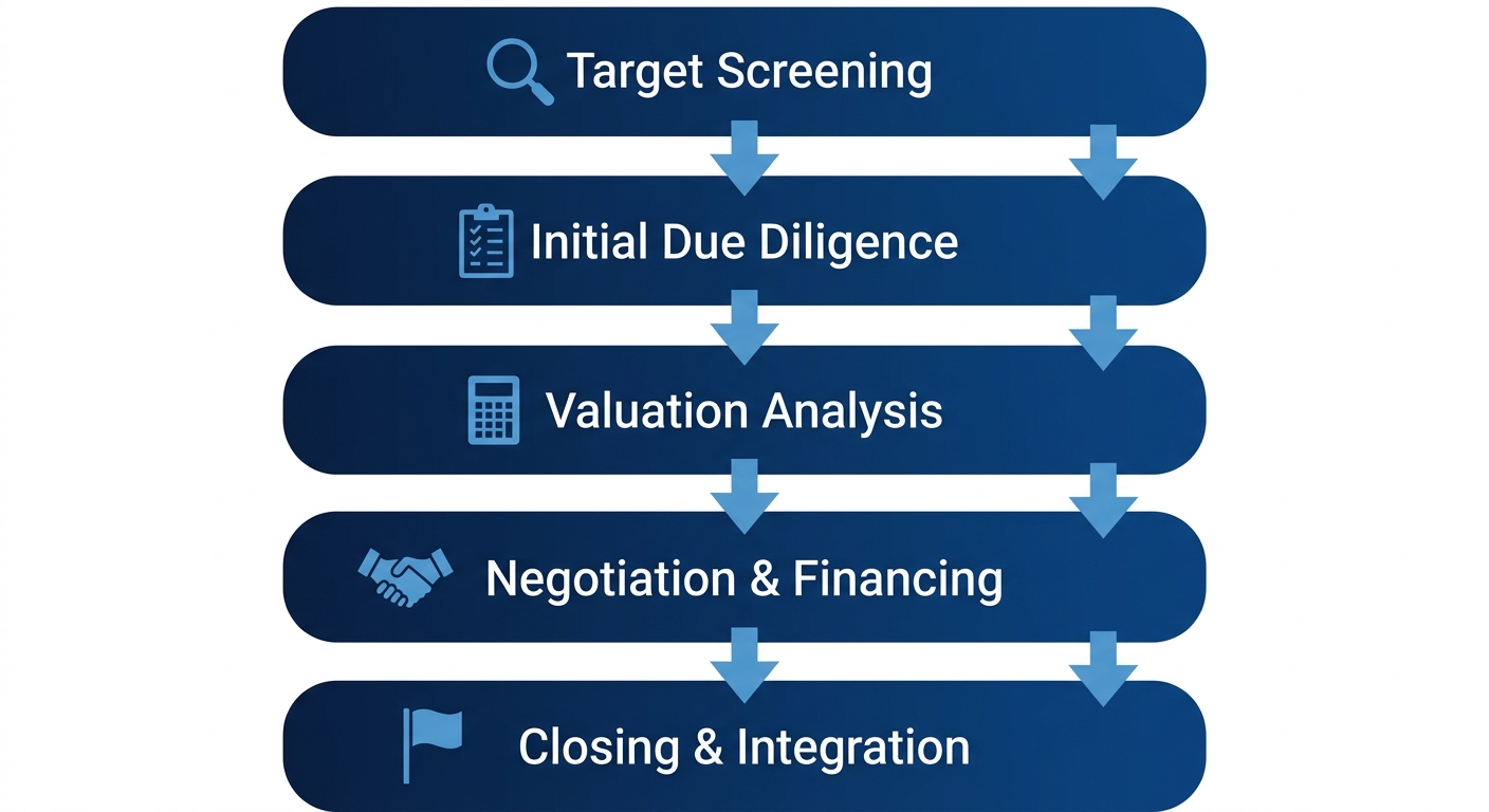 Vertical process flow diagram showing five core stages of the M&A buy-side process: Target Screening, Initial Due Diligence, Valuation Analysis, Negotiation & Financing, and Closing & Integration.