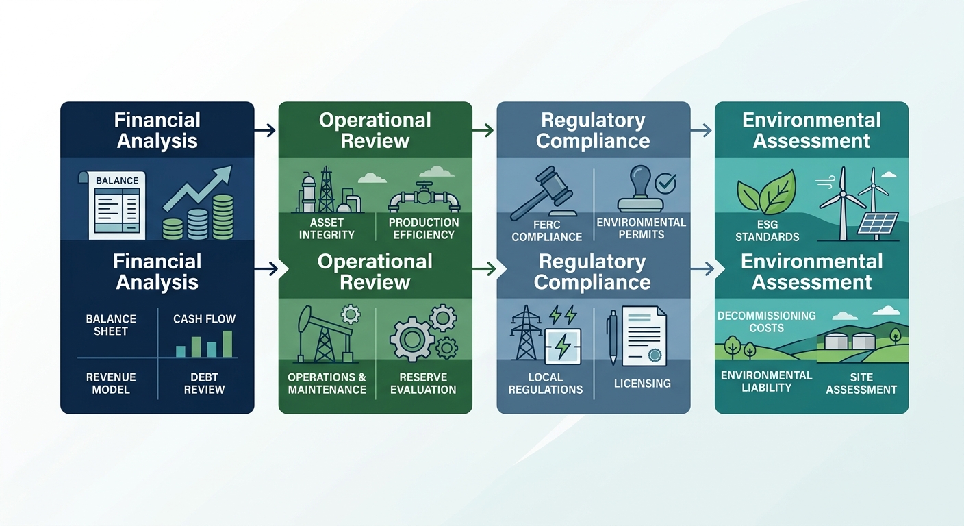 Due diligence infographic with four panels: financial analysis, operational review, regulatory compliance, and environmental assessment, connected by arrows to show sequential review process.