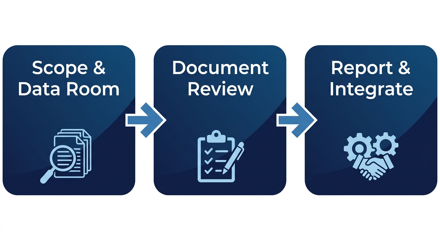 M&A due diligence process flow diagram with three connected stages: scoping and data room preparation, document review and issue identification, and reporting with remediation and deal integration