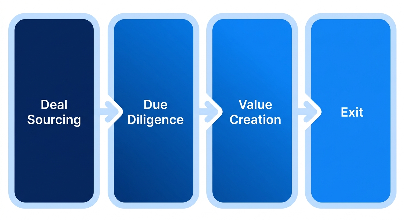 Horizontal process flow diagram of the buy-side M&A process showing four key stages: Deal Sourcing, Due Diligence, Value Creation, and Exit