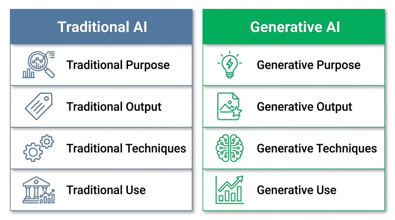 Infographic comparing Traditional AI and Generative AI with icons and labels for purpose, output, techniques, and use cases.
