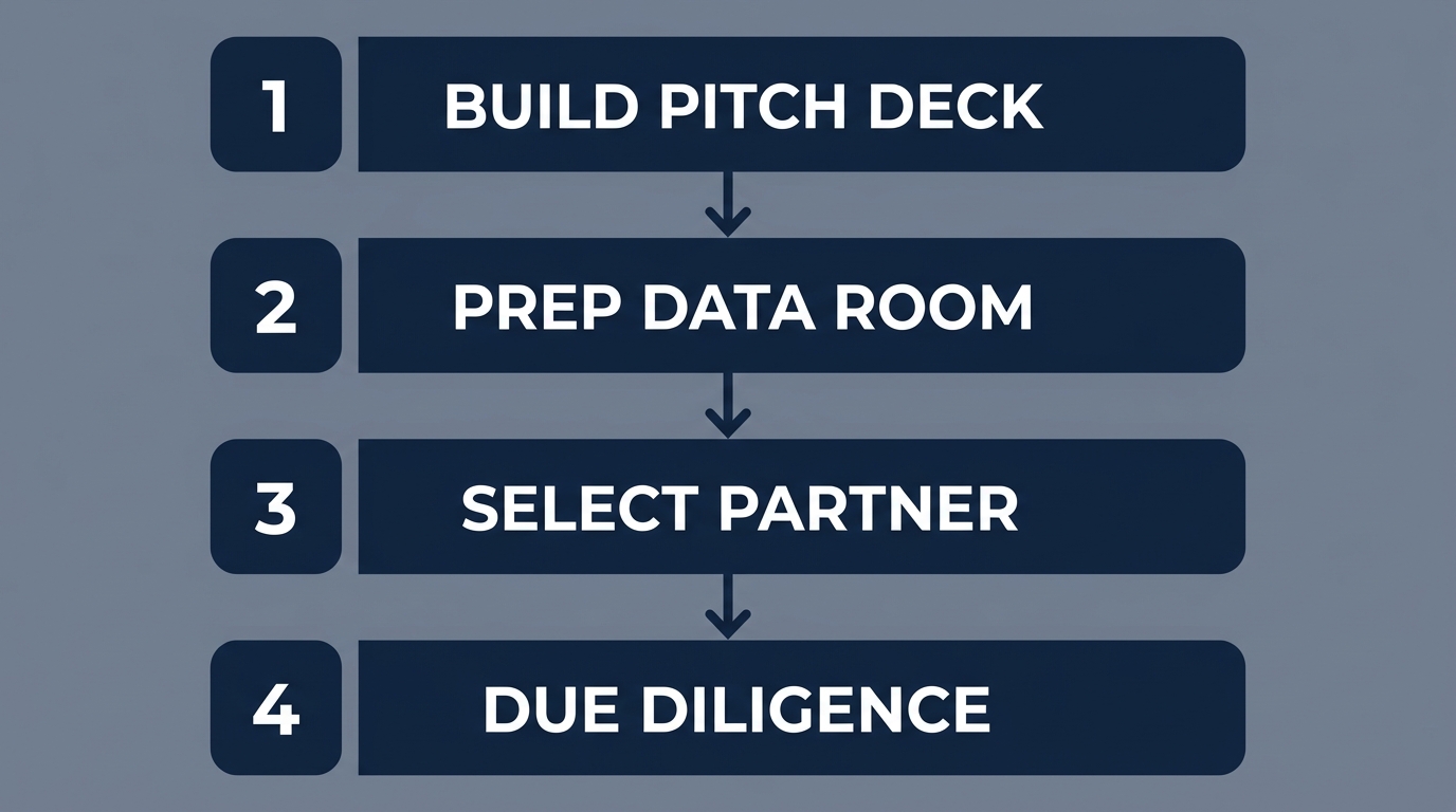 Illustration of four vertical process flow stages: Building a Compelling Pitch Deck, Preparing Your Data Room, Selecting the Right Advisory Partner, and Navigating the Due Diligence Process.