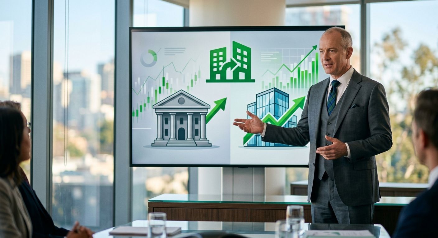 Investment banking professional presenting a merger agreement on a large digital screen in a modern glass-walled boardroom