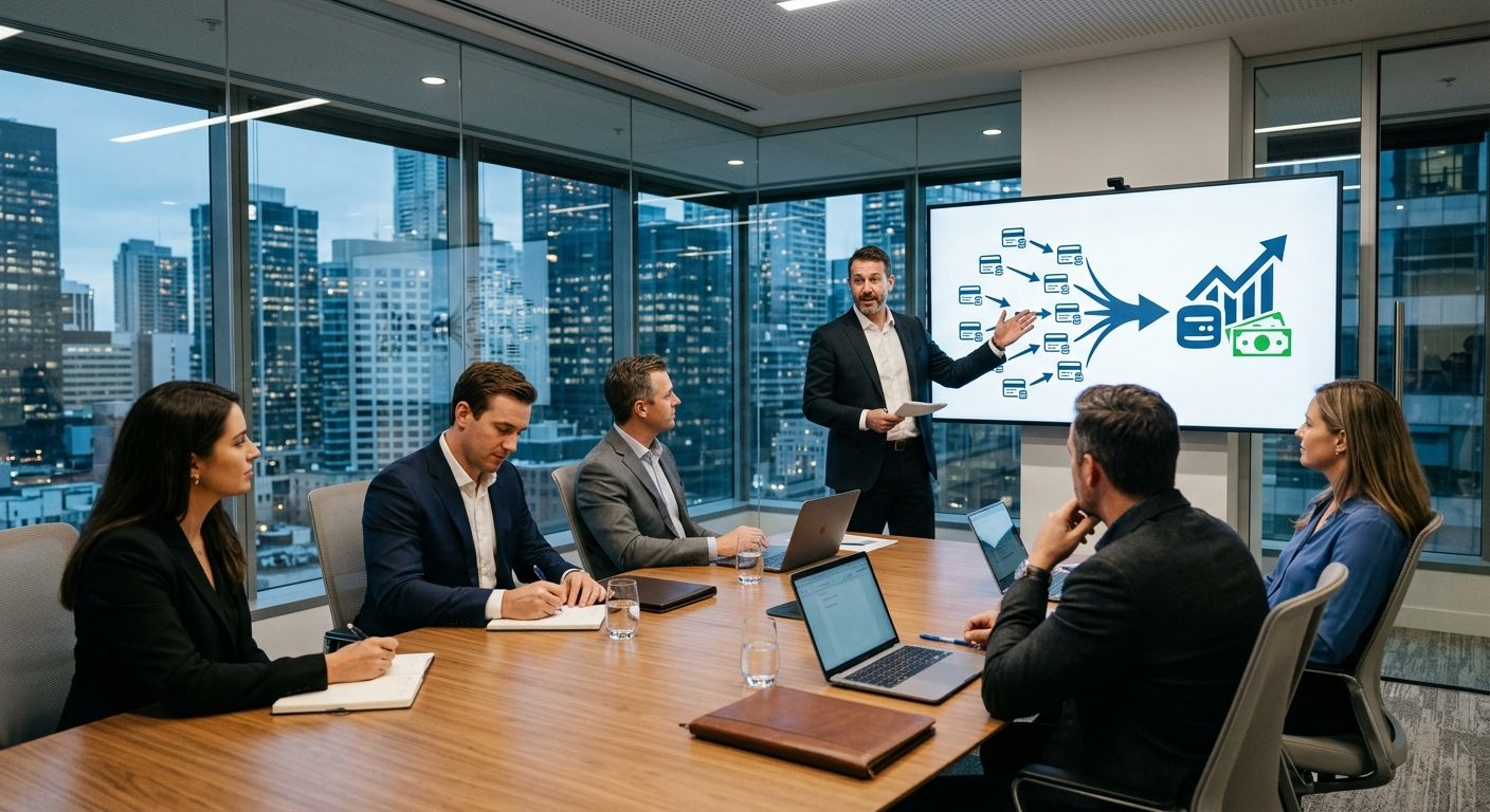 Professional business meeting with financial advisor presenting debt consolidation plan to executives in glass-walled conference room