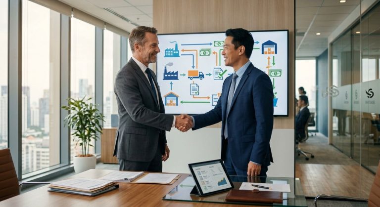 Two business executives shaking hands in front of a digital supply chain finance diagram, with financial documents on a glass table, warm natural light, modern office setting.