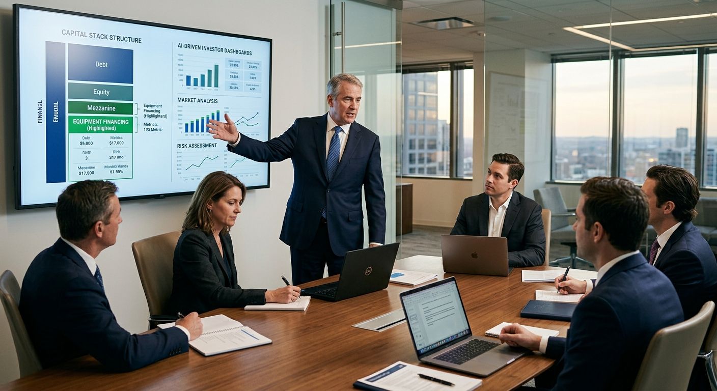 Corporate advisory meeting with senior advisor pointing to a screen showing capital stack and investor dashboards.