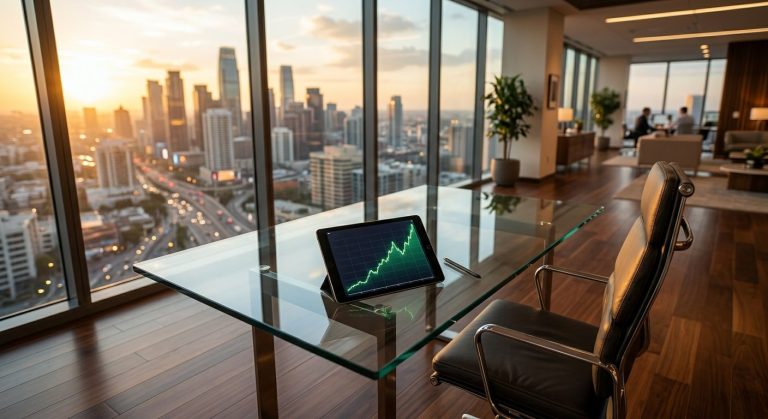Aerial view of a modern financial office with a tablet showing an upward-trending chart, city skyline visible at golden hour