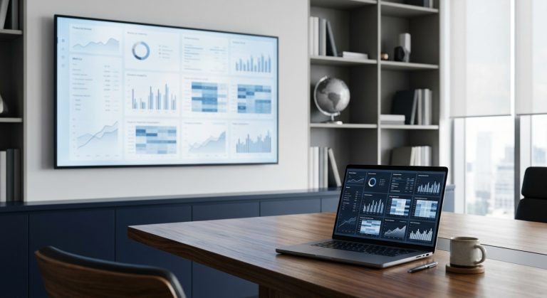 Modern capital advisory office with abstract financial data on a large screen and laptop, no people, navy and grey tones