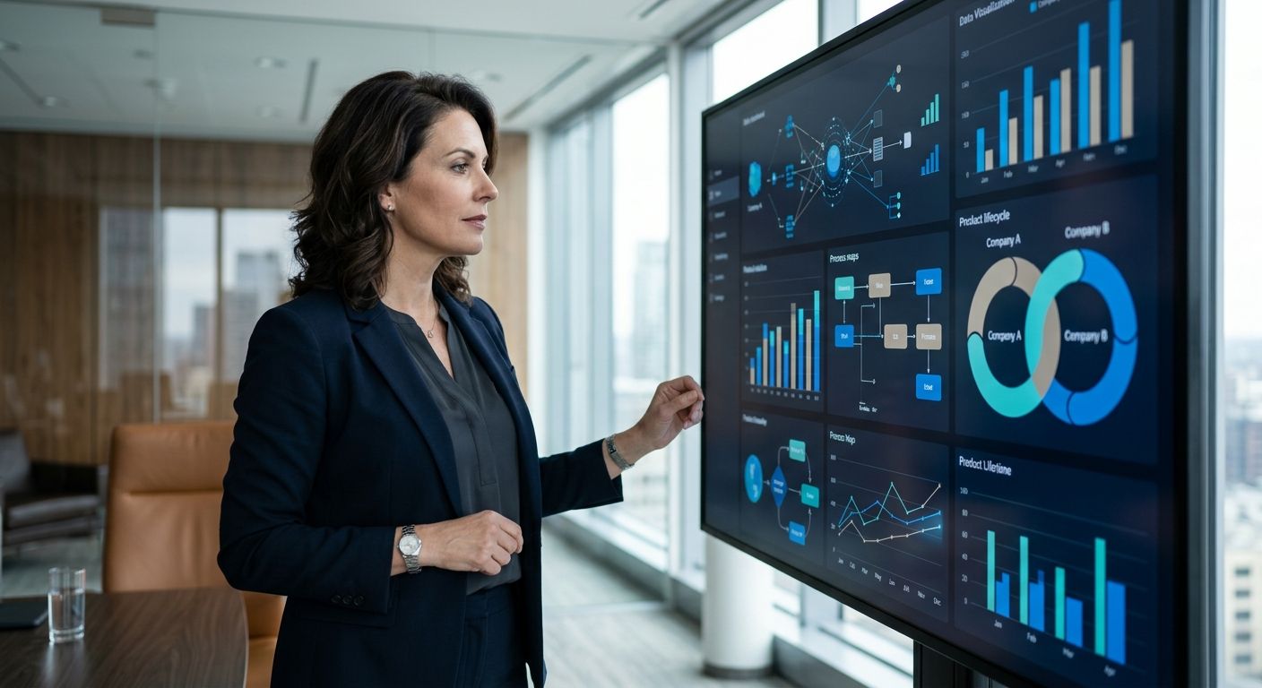 Manufacturing executive examining PLM dashboard for strategic evaluation in boardroom