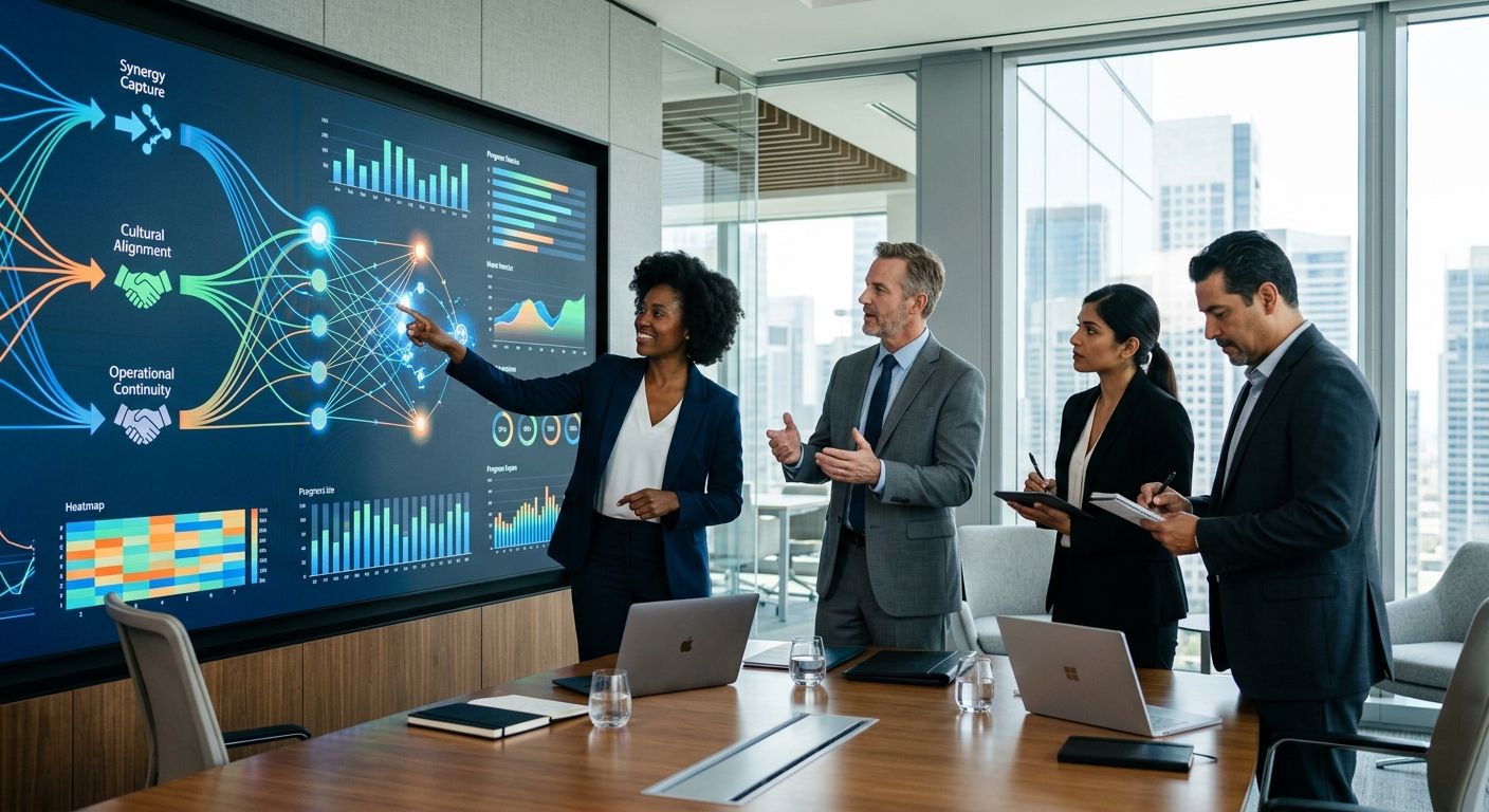 Executives reviewing post-merger integration dashboard in modern boardroom