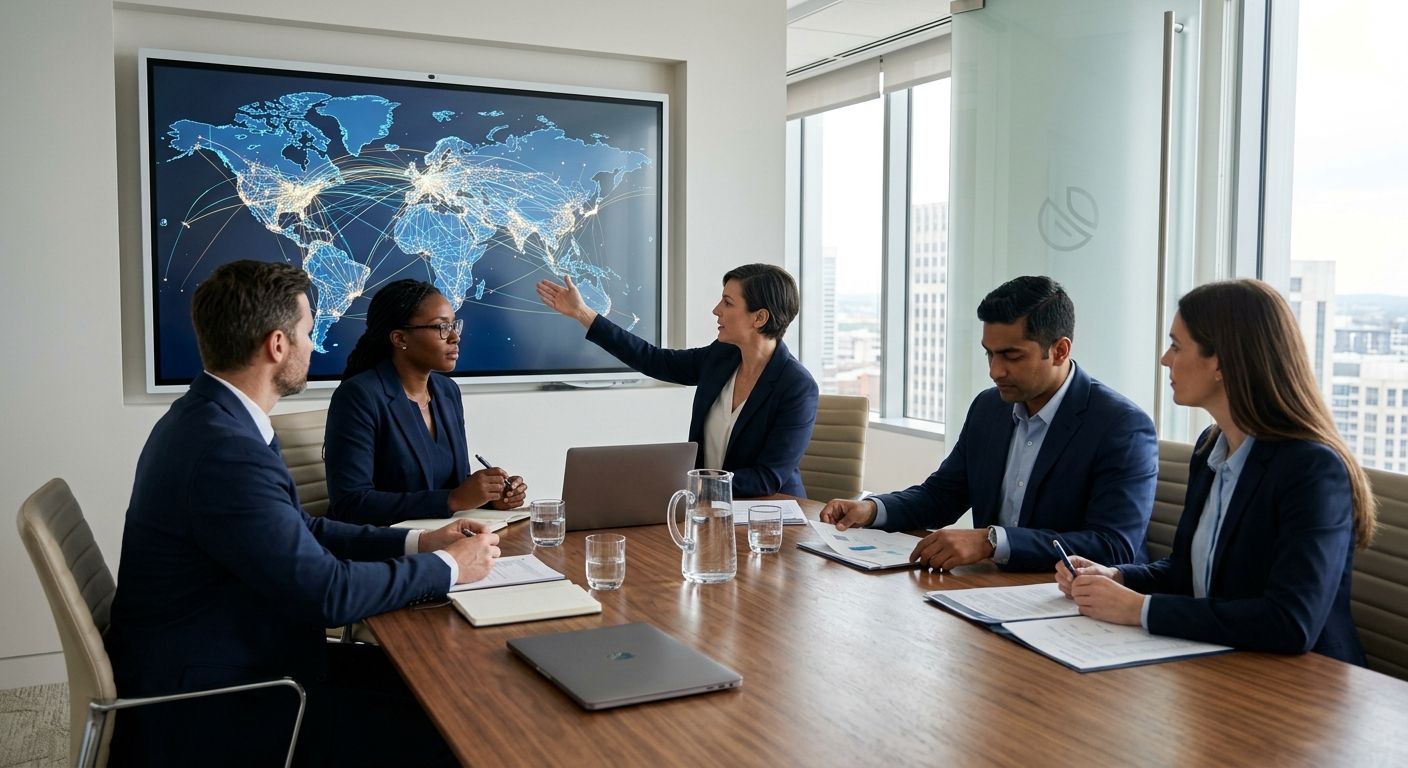 Corporate advisory meeting with global capital network map