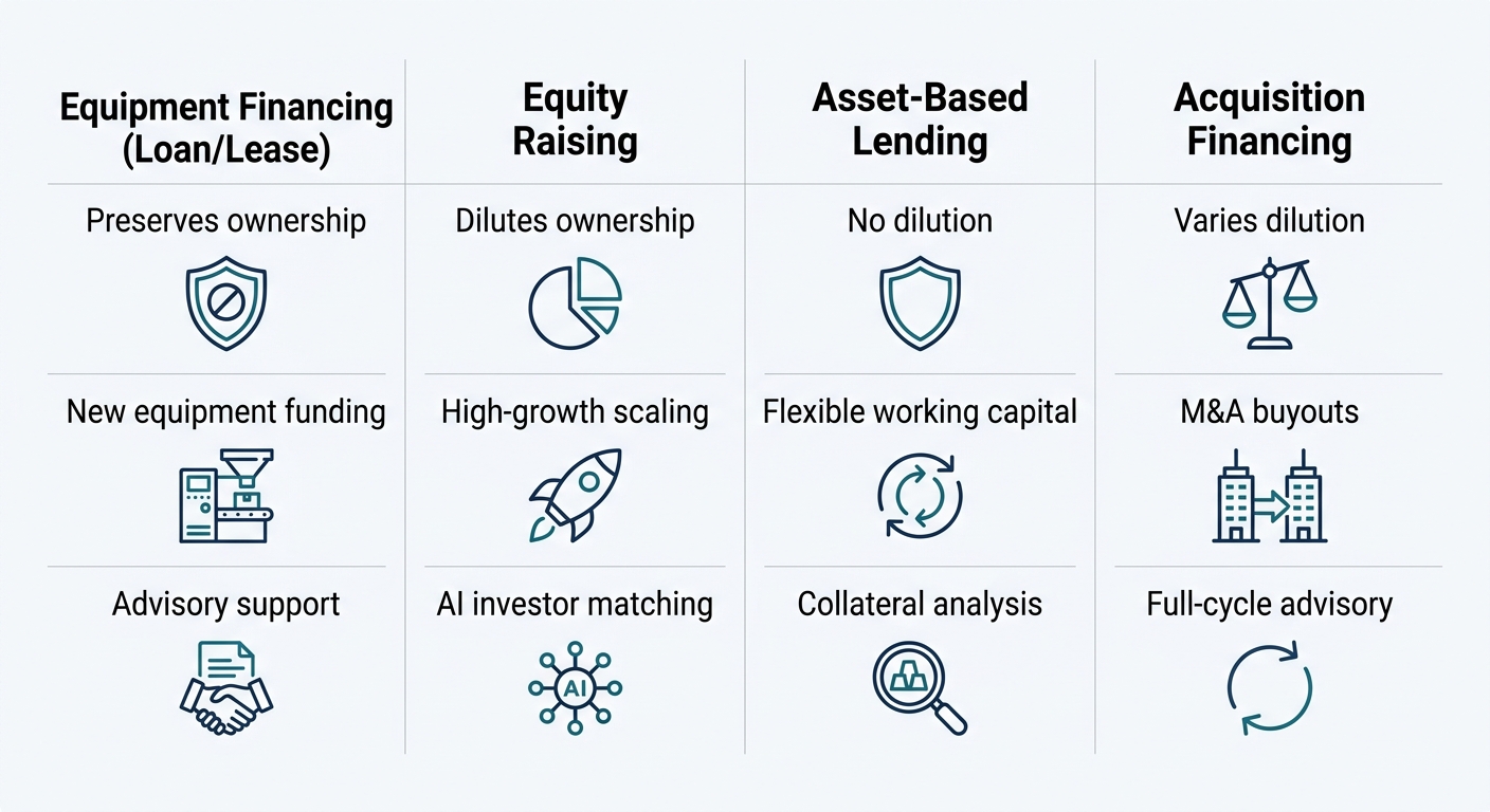 Infographic comparing four financing options: equipment financing, equity raising, asset-based lending, and acquisition financing, each with three key attributes and icons.