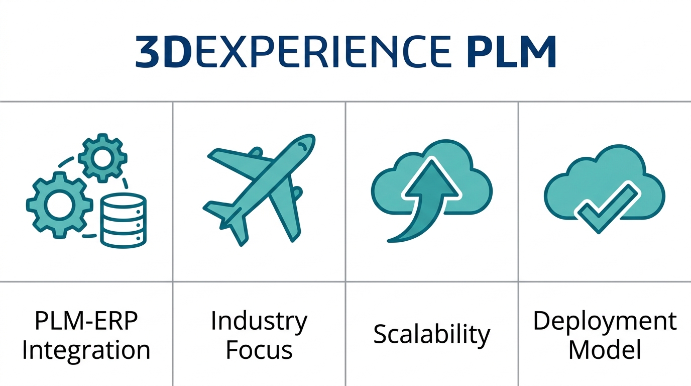Infographic comparing 3DEXPERIENCE PLM features including PLM-ERP integration, industry focus, scalability, and deployment model.