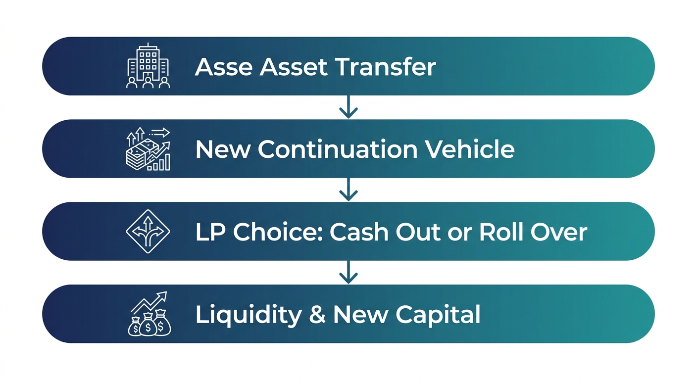 Vertical process flow diagram with four connected steps showing how continuation funds deliver liquidity to limited partners, from asset transfer to new capital.