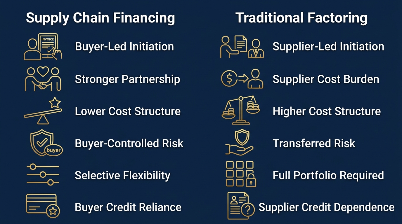 Two-column comparison infographic showing Supply Chain Financing versus Traditional Factoring with gold outlined icons on deep navy background