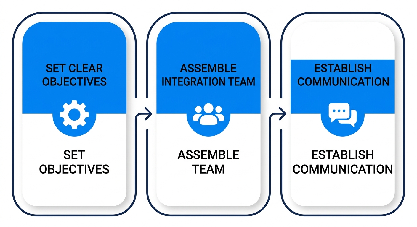 Three-step horizontal process flow for post-merger integration preparation, from Set Clear Objectives to Assemble Integration Team to Establish Communication