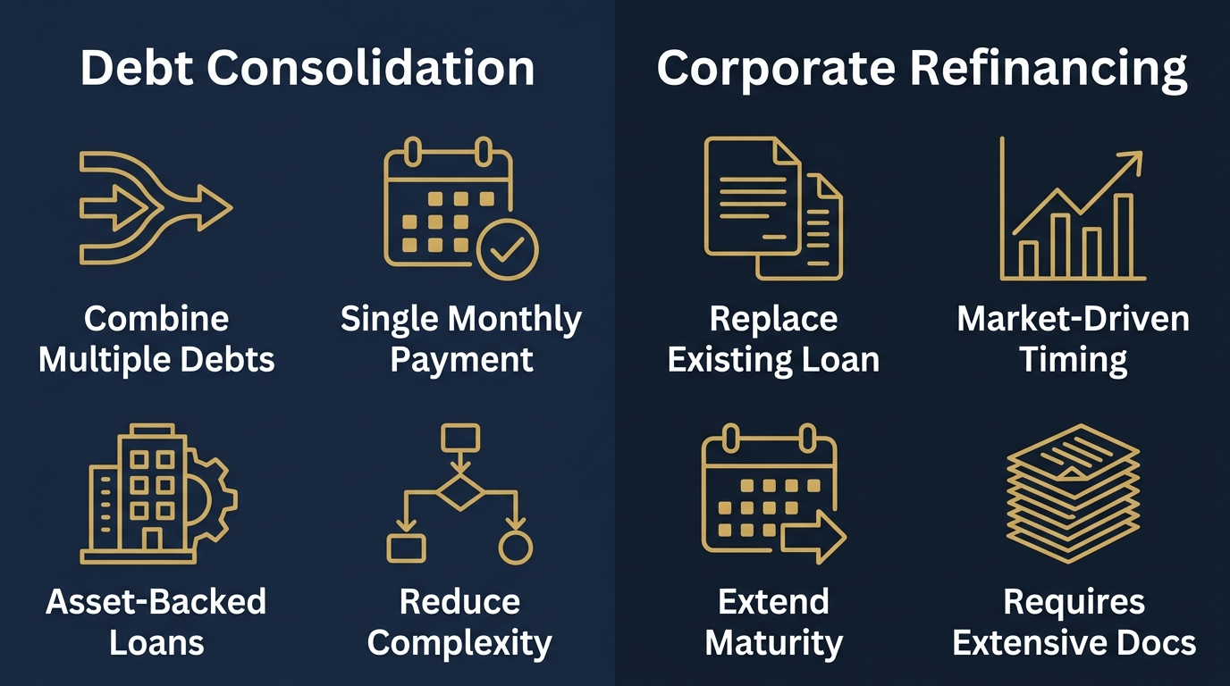 Infographic comparing debt consolidation and corporate refinancing with gold line icons on dark navy background and white labels