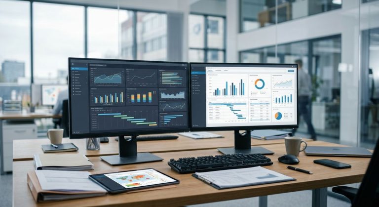 Professional photograph of an M&A advisor's workspace with dual monitors displaying AI due diligence dashboards, deal analytics, and risk flags, with confidential documents and a tablet on the desk in a clean modern office.