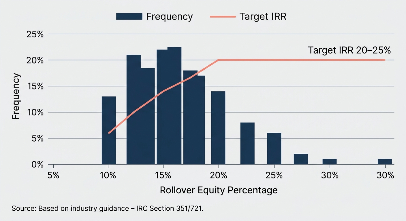Bar chart showing typical mid-market rollover equity percentage range from 10% to 30% with a secondary indicator for target IRR of 20-25%.