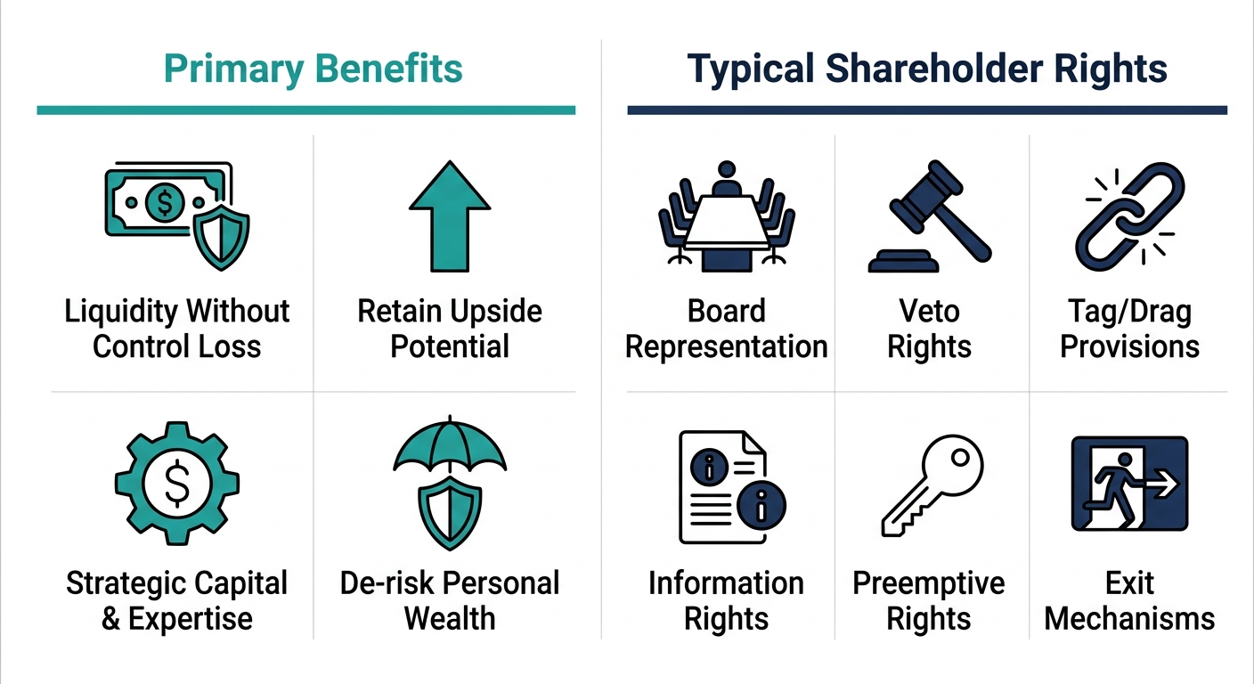 Infographic comparing Primary Benefits and Typical Shareholder Rights in minority recapitalization.