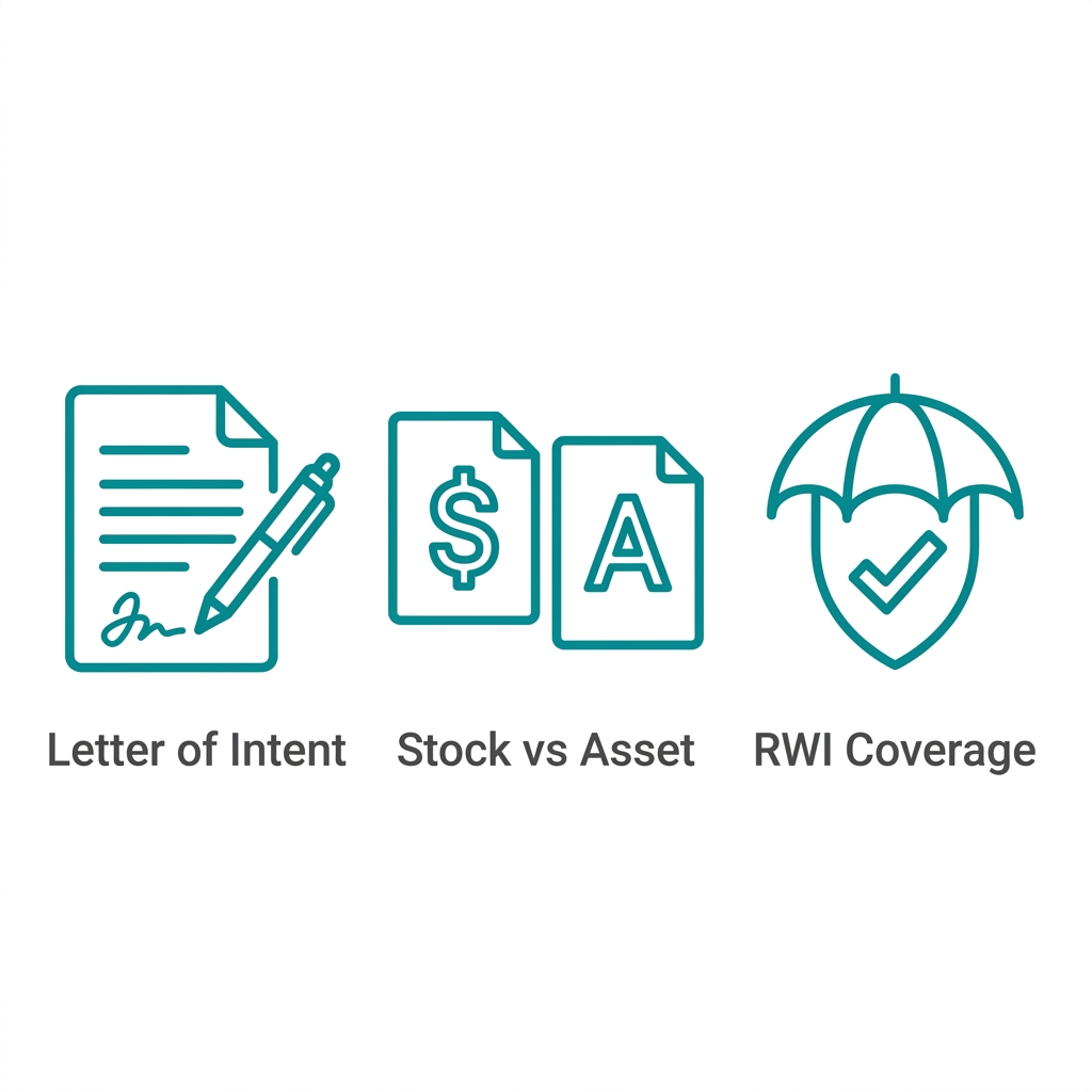 Three icon set illustrating key M&A legal concepts: Letter of Intent, Stock vs Asset, and RWI Coverage