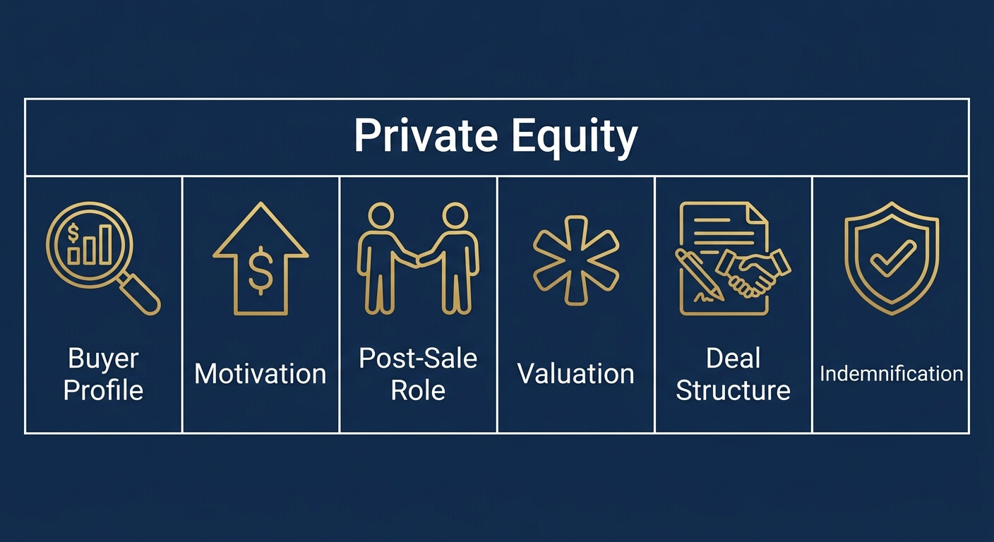 Infographic comparing characteristics of Private Equity buyers with six labeled icons: Buyer Profile, Motivation, Post-Sale Role, Valuation, Deal Structure, Indemnification.