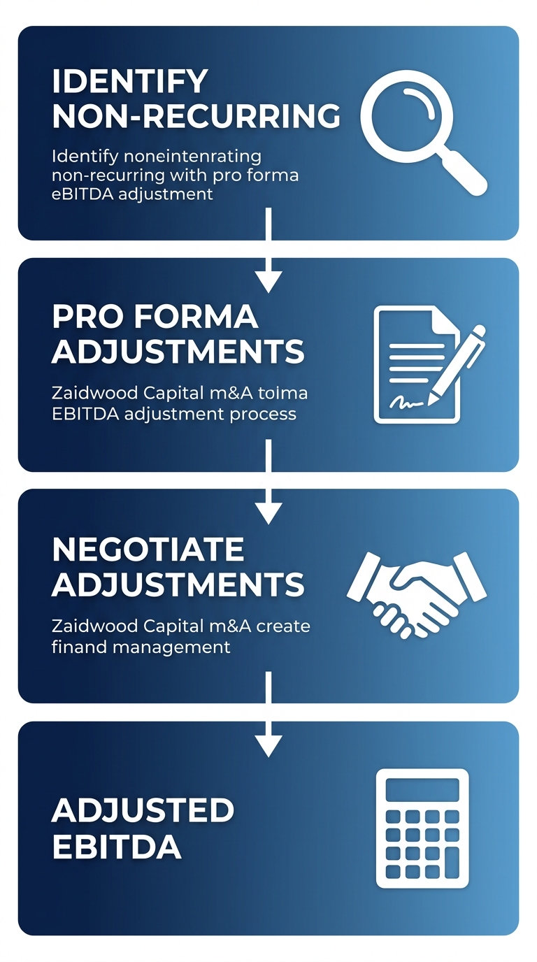 Diagram of four connected stages for pro forma EBITDA adjustment process, from identification to calculation.
