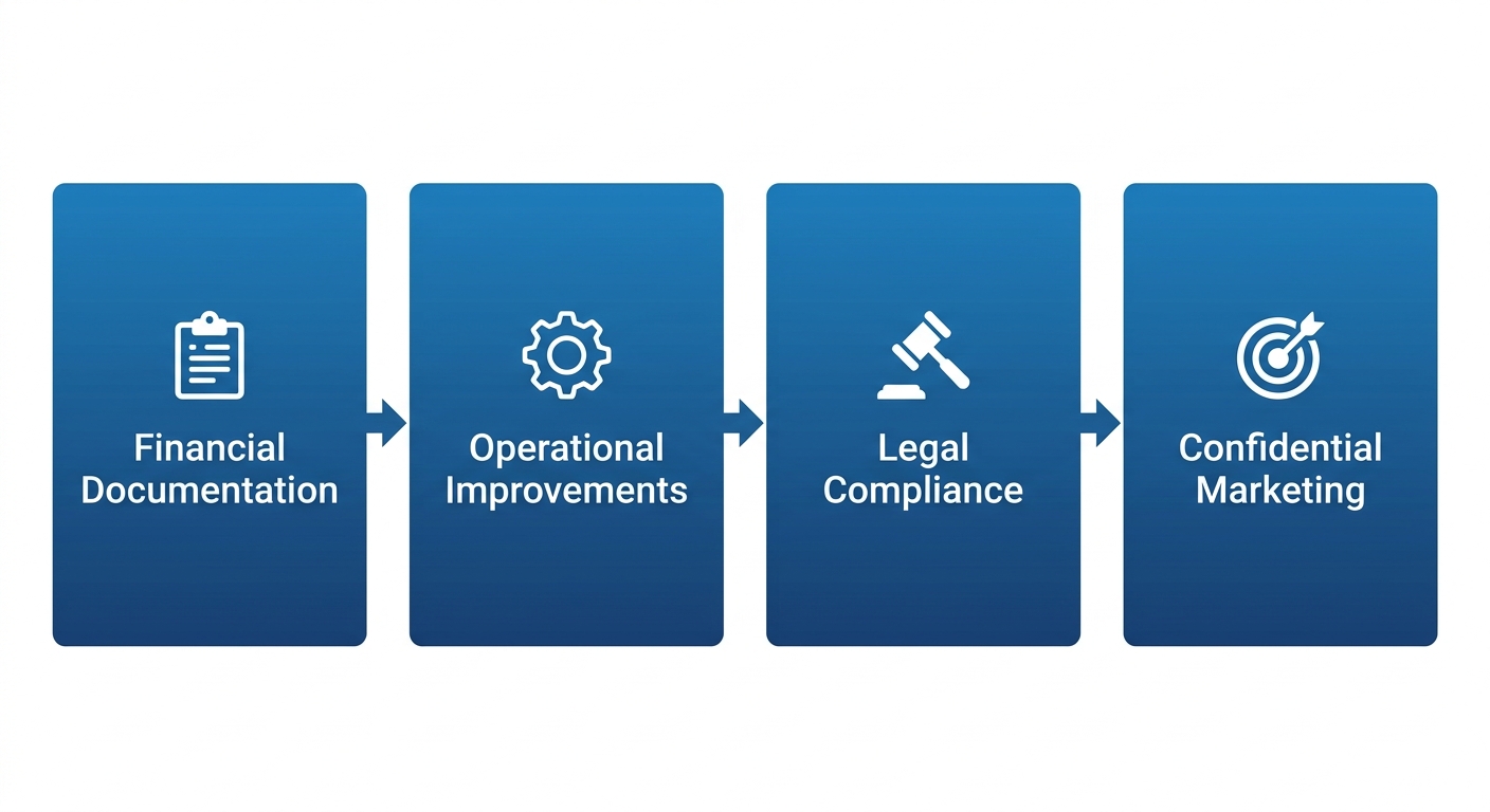 A horizontal process-flow diagram with four rectangular stages labeled Financial Documentation, Operational Improvements, Legal Compliance, and Confidential Marketing, each with an icon and connected by arrows, showing steps to prepare a business for sale.