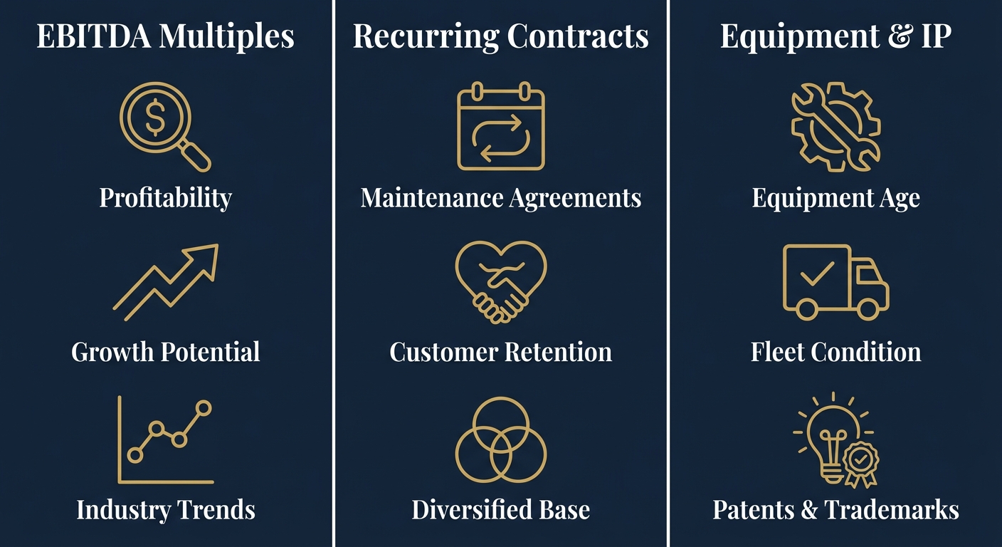 Infographic with three columns: EBITDA Multiples, Recurring Contracts, Equipment & IP, each with three icons and labels.