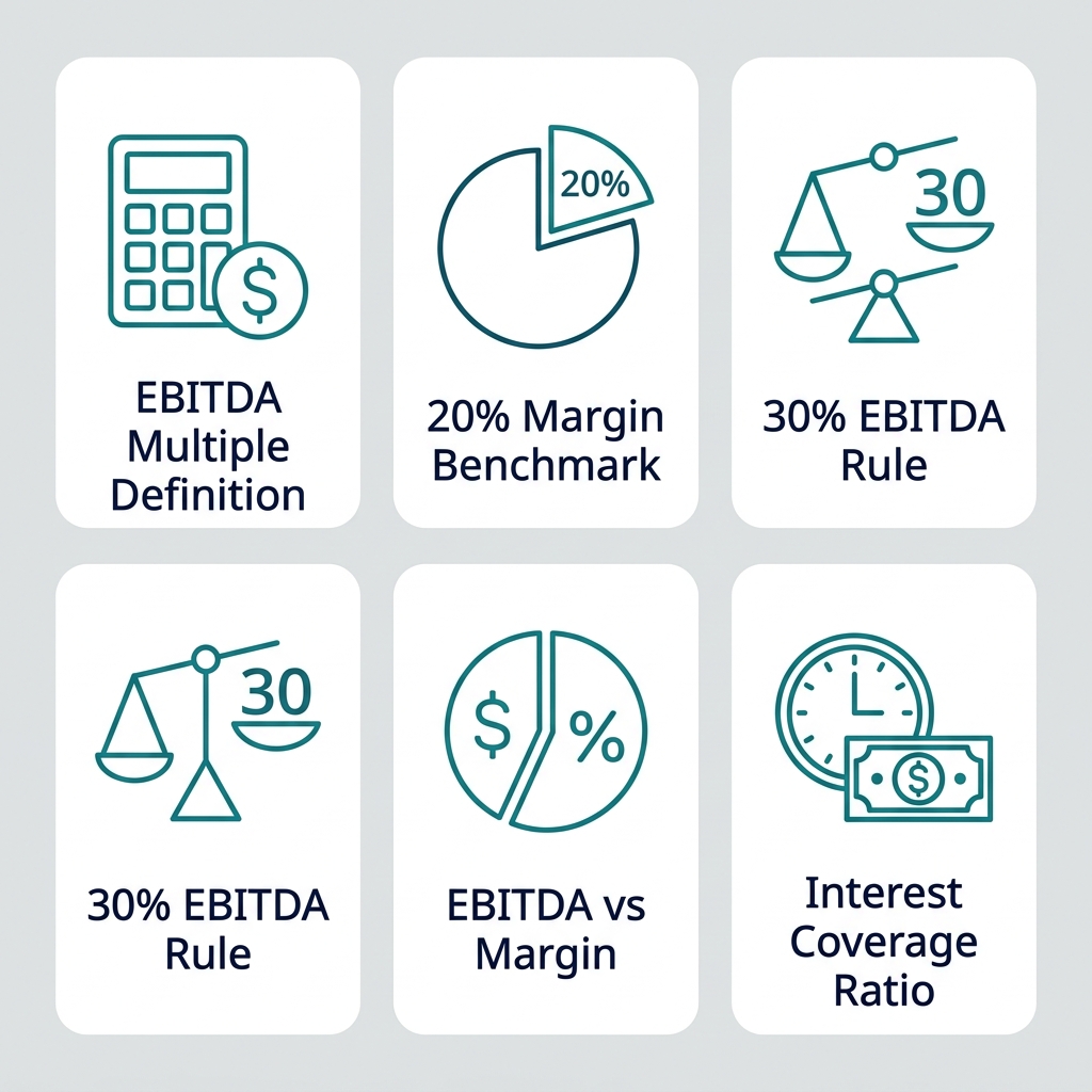 Icon set of five financial metrics for valuation: EBITDA multiple, margin benchmark, EBITDA rule, vs margin, and interest coverage ratio.