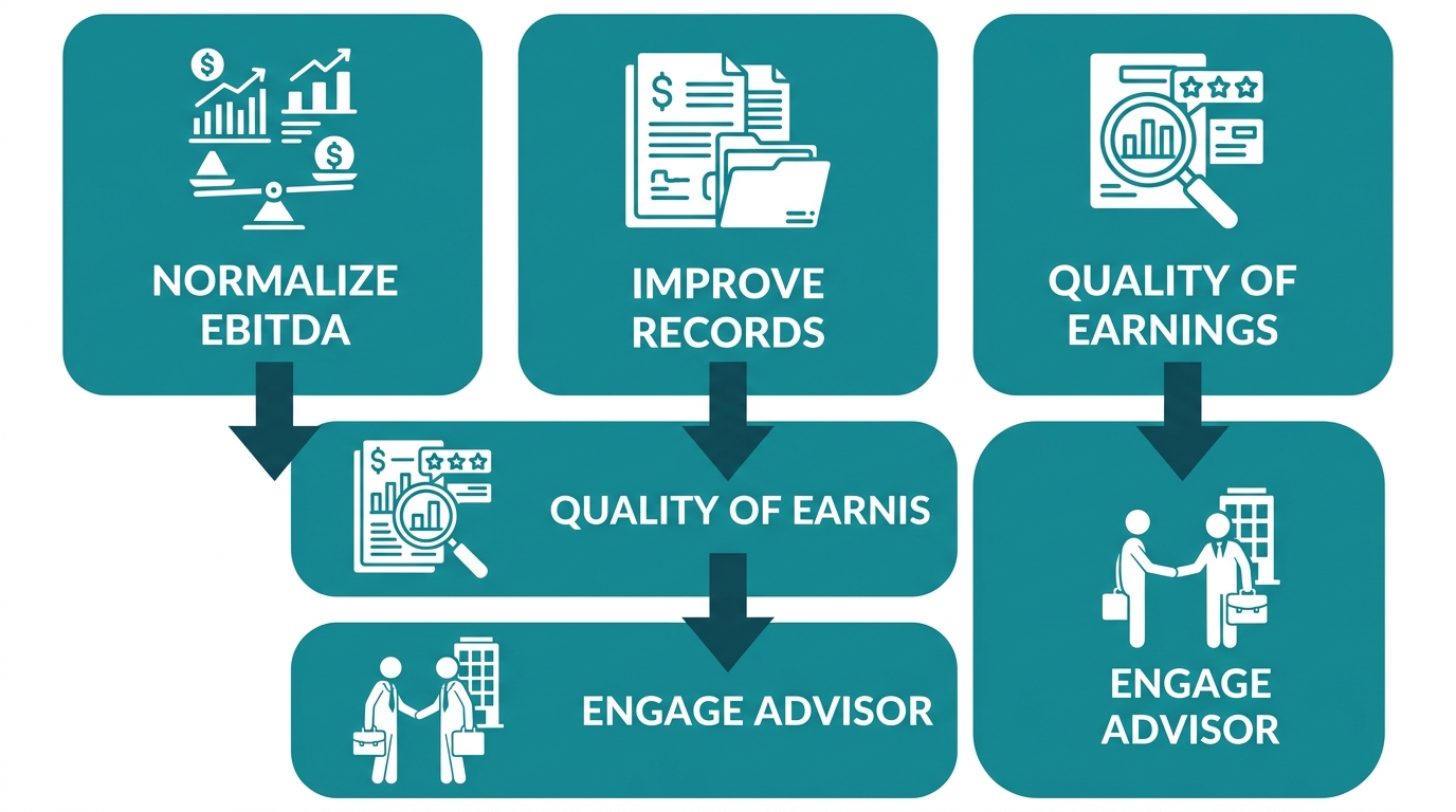 Vertical process flow diagram with four connected stages: Normalize EBITDA, Improve Records, Quality of Earnings, Engage Advisor, with downward arrows connecting them on a white background.