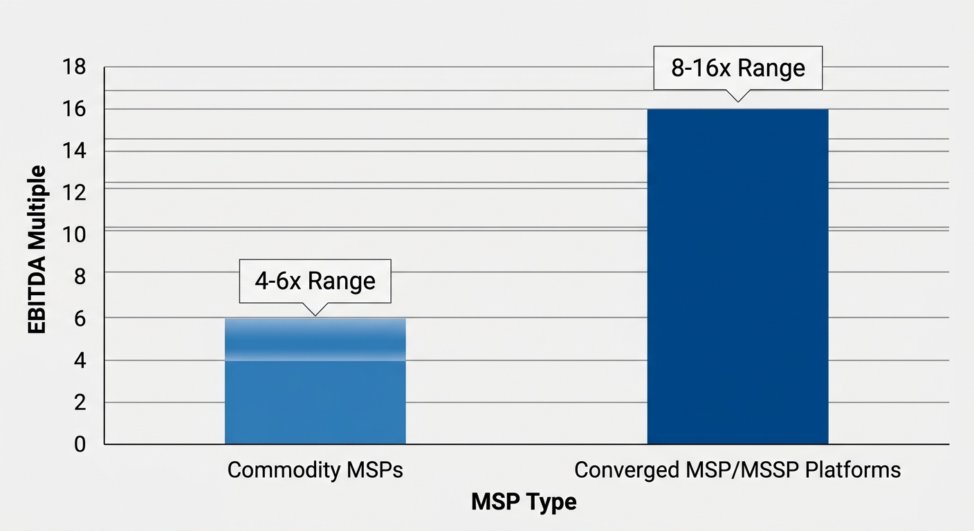 Bar chart comparing EBITDA valuation multiples for commodity MSPs at 4-6x and converged MSP/MSSP platforms at 8-16x in shades of blue.