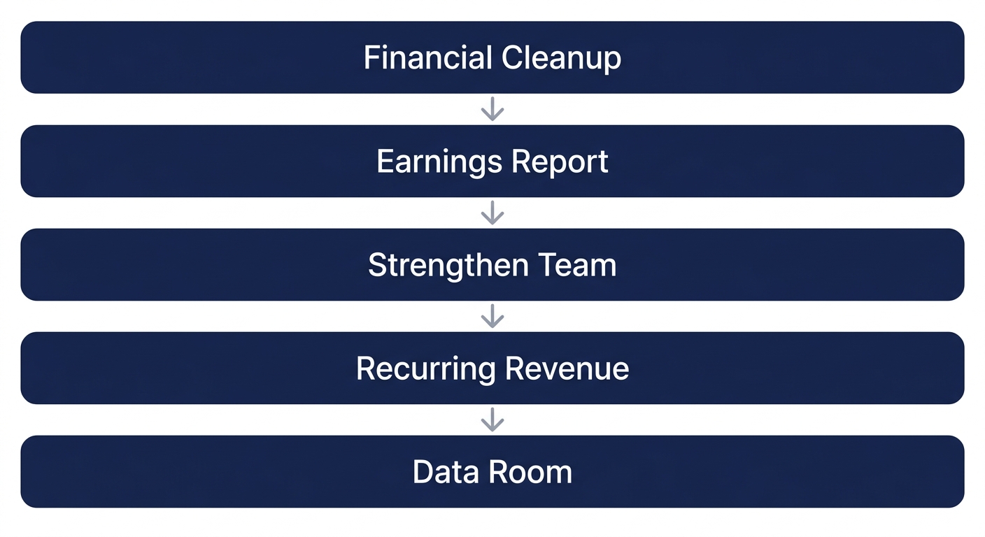 Vertical process flow showing five steps to prepare a SaaS business for sale: financial cleanup, quality of earnings report, strengthen management team, optimize recurring revenue, assemble data room.