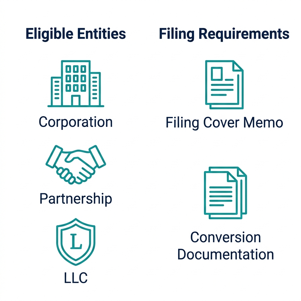 Infographic showing Delaware statutory sections for entity conversions: Eligible Entities with Corporation, Partnership, LLC icons and Filing Requirements with Filing Cover Memo and Conversion Documentation icons.