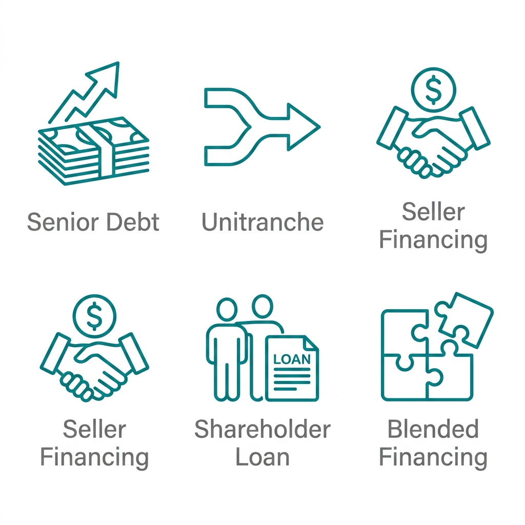Outline icons representing five acquisition financing options: senior debt, unitranche, seller financing, shareholder loan, and blended financing.