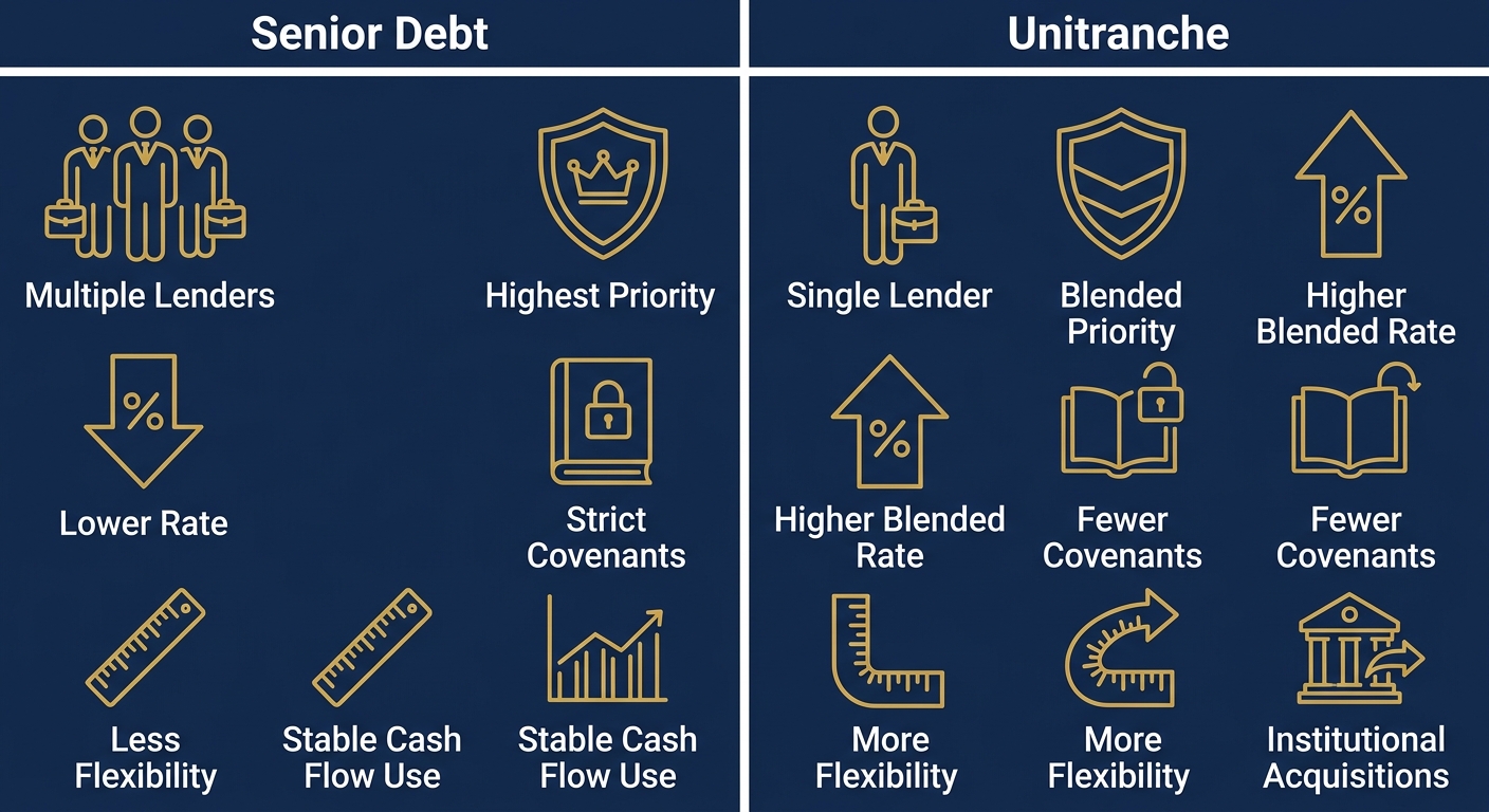 Infographic comparing Senior Debt vs Unitranche with six differences each, featuring icons for lenders, priority, rate, covenants, flexibility, and cash flow use.