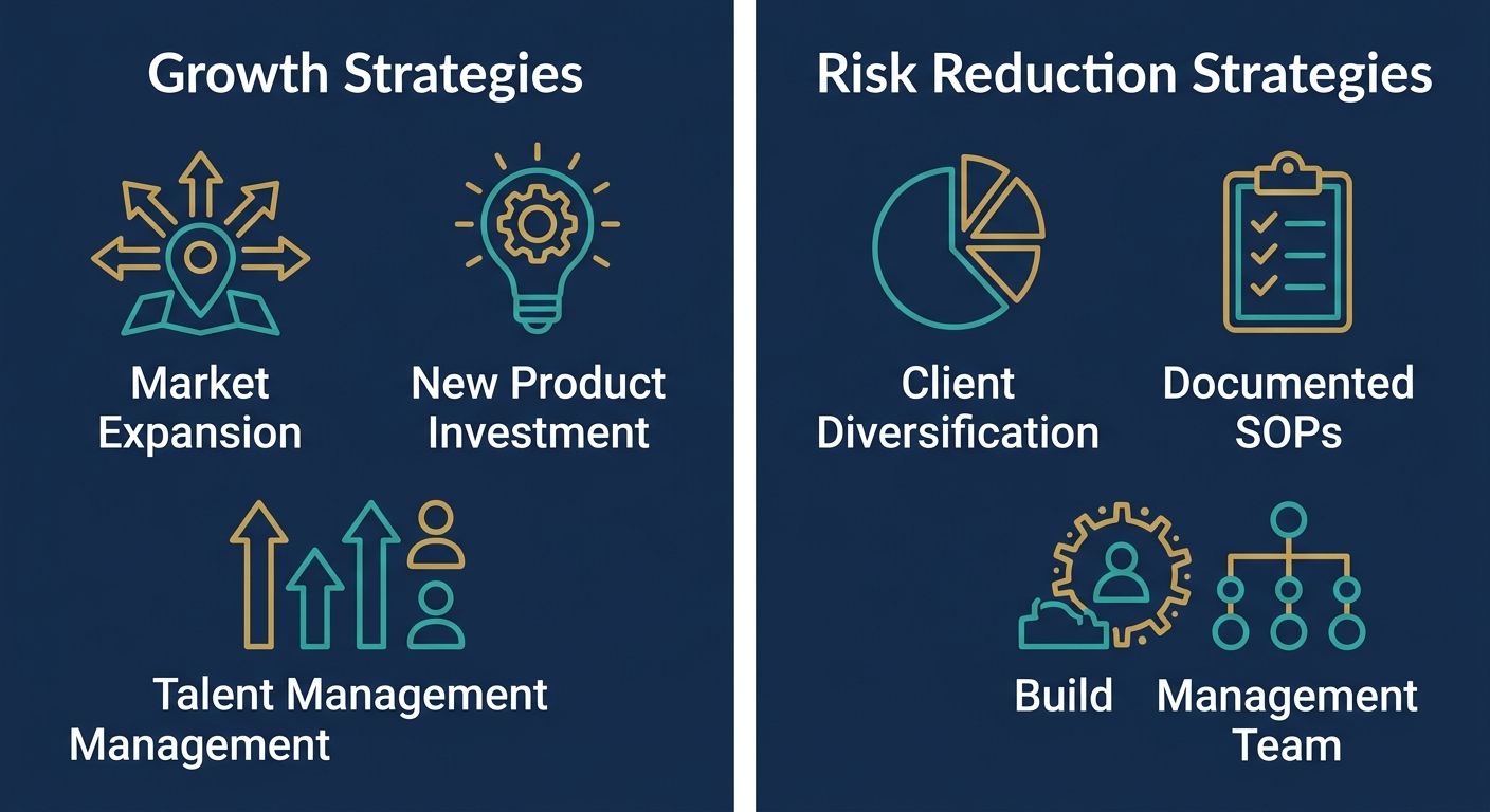 Two-column infographic with navy background comparing Growth Strategies and Risk Reduction Strategies for business value, each with three icon and label sets.