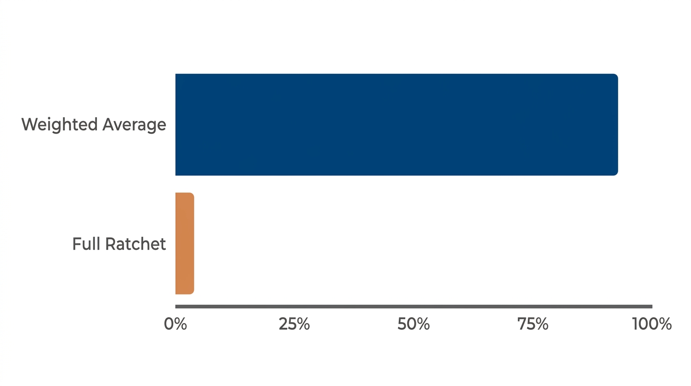 Horizontal bar chart showing weighted average anti-dilution used in over 90% of venture financings versus full ratchet under 5%.