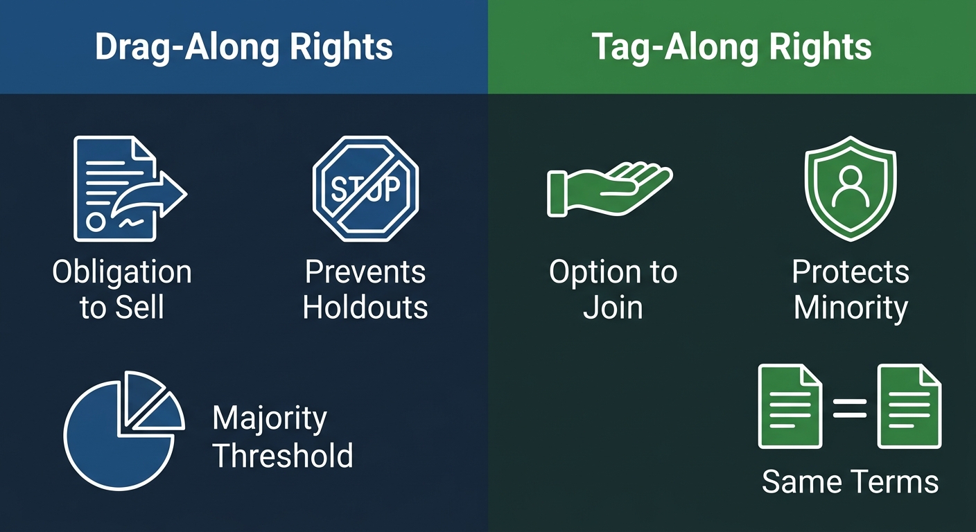 Infographic comparing drag-along and tag-along rights with two columns: left column blue with three icons representing obligation to sell, prevents holdouts, and majority threshold; right column green with three icons representing option to join, protects minority, and same terms.